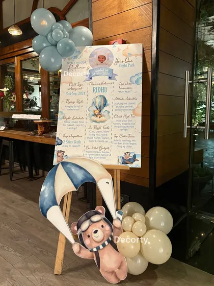 A personalized milestone board for the birthday boy, Ridhav. It details his "flight path" for his first year, including his favorite things and key milestones.