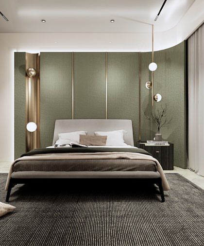 A bedroom concept featuring a darker, more dramatic palette. The curved, olive-green feature wall and modern globe lighting create a captivating and luxurious atmosphere.