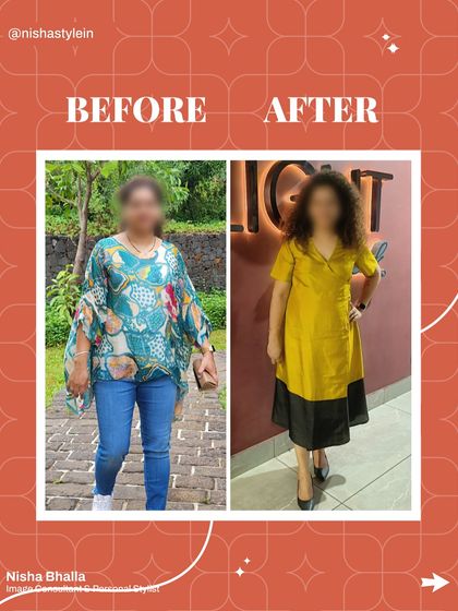A vibrant transformation that proves style is about finding what makes you shine. We moved from a loose-fitting top to a structured, colorful dress that flatters her frame and boosts her confidence.