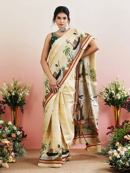 The full view of the Kerala-inspired printed saree, a unique and narrative piece.