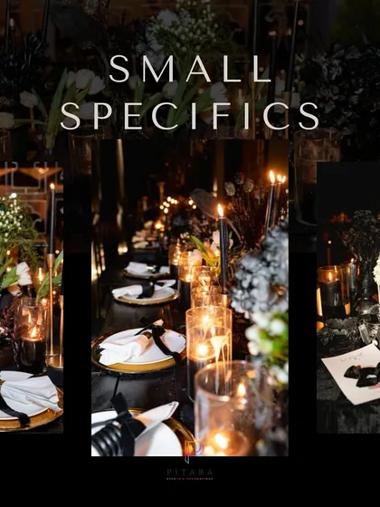 A collage showcasing the small specifics of the tablescape. Black candles, white napkins tied with black ribbons, and delicate floral arrangements created a high-contrast, elegant look.